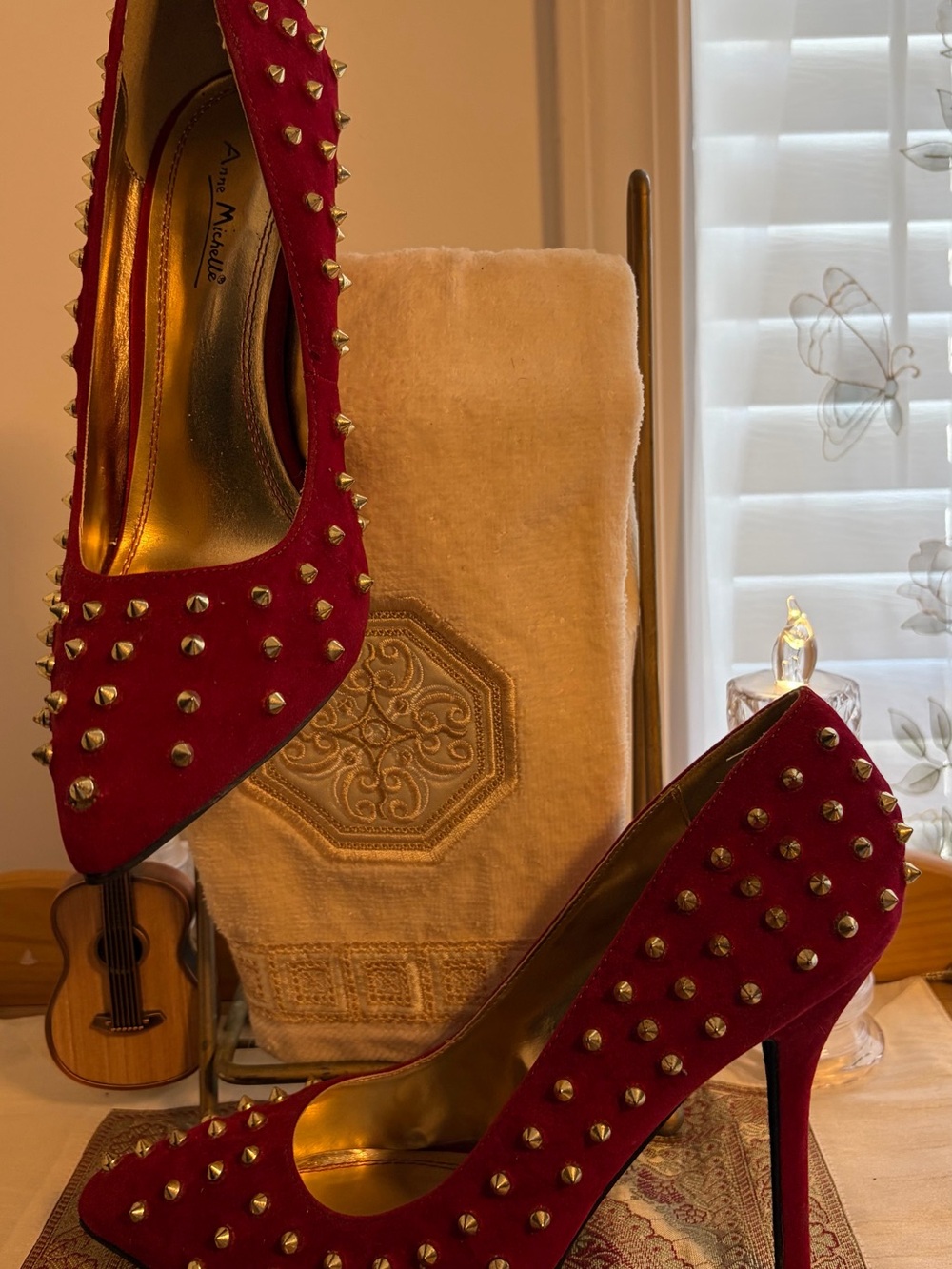 Anne Michelle Red Studded Pointed-Toe Pumps